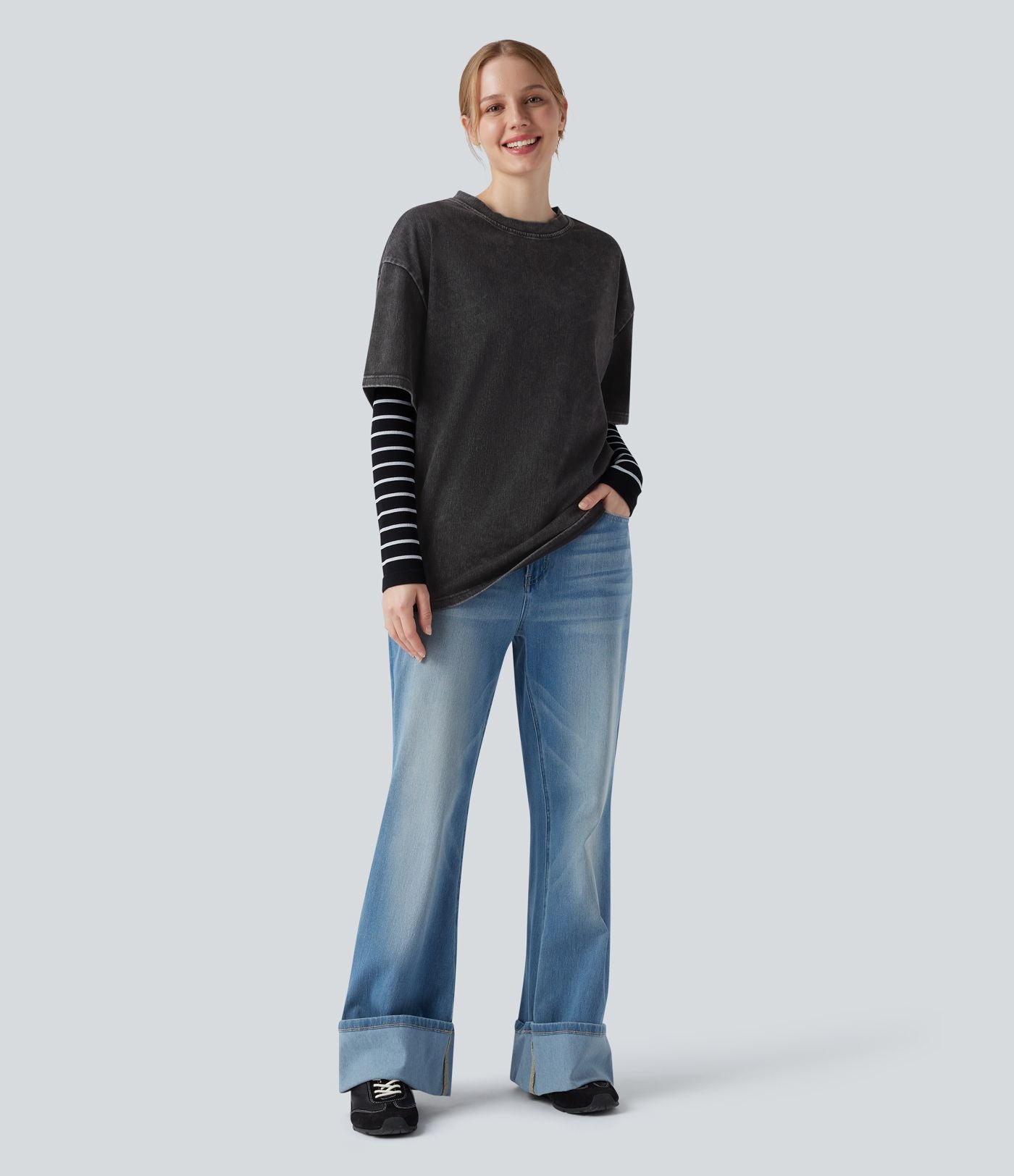 Halara Flex™ T-shirt casual en denim à col rond et manches courtes
