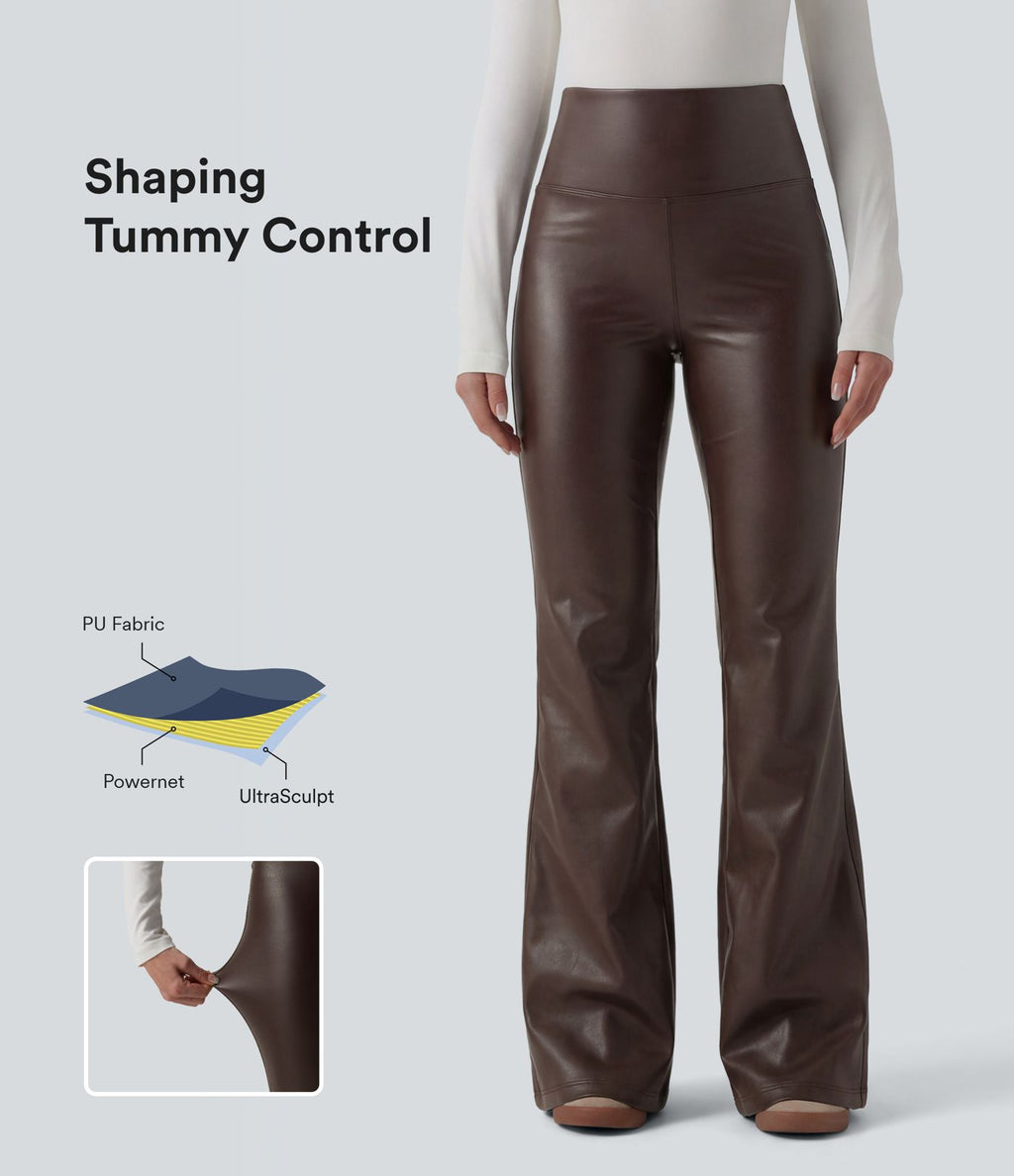 Pantalon évasé décontracté gainant taille haute extensible en molleton PU avec poches