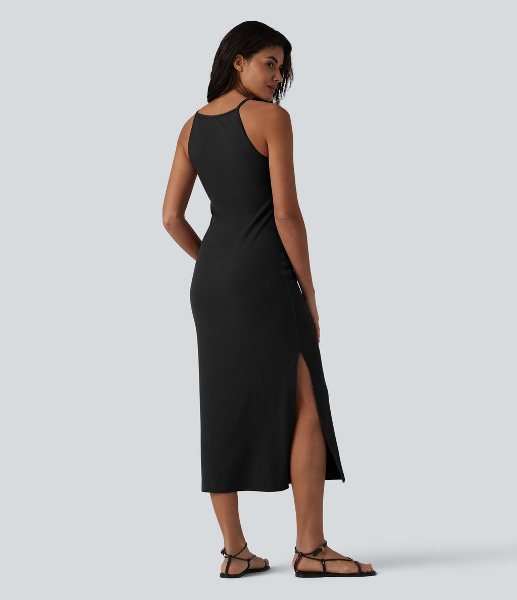 Robe midi à bretelles col rond en maille côtelée