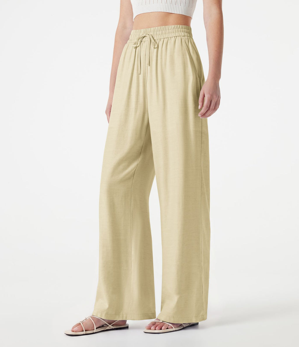 Pantalon large 2-en-1 casual en mélange de lin taille haute avec cordon et poches