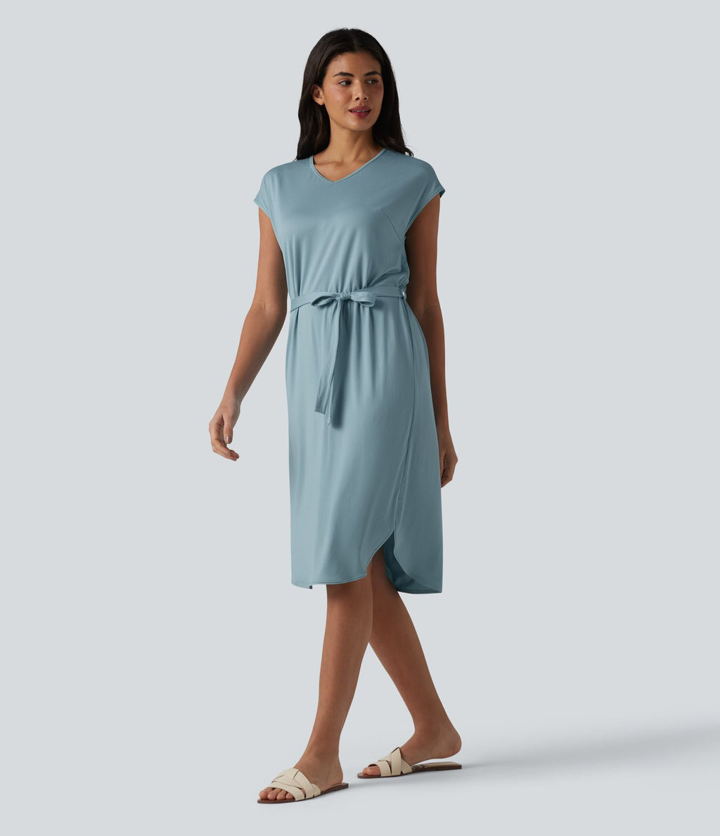 Robe t-shirt casual col V à manches courtes, ceinturée et ourlet arrondi