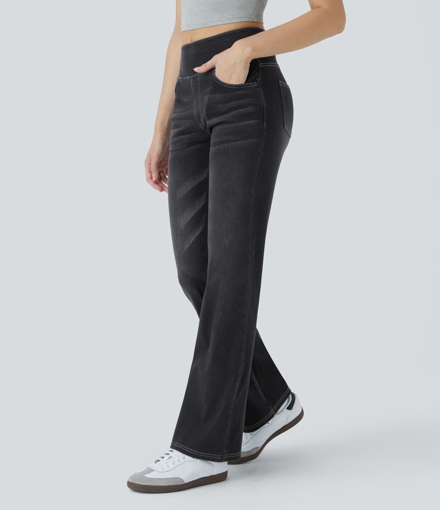 Halara Flex™ Jean bootcut décontracté extensible délavé taille haute à poches multiples