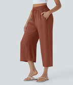 Pantalon décontracté aspect lin 7/8 à taille haute, jambe large avec cordon de serrage et poches latérales