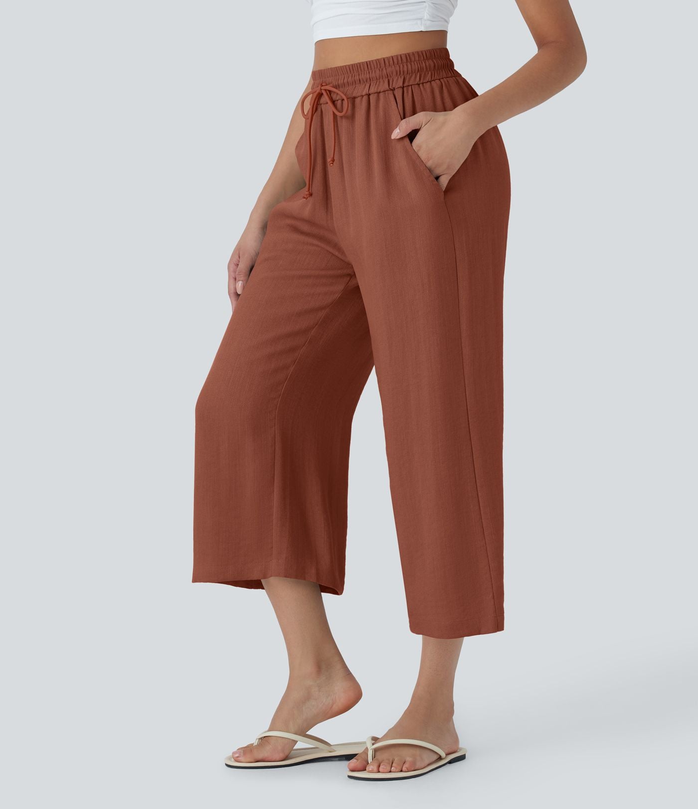 Pantalon décontracté aspect lin 7/8 à taille haute, jambe large avec cordon de serrage et poches latérales