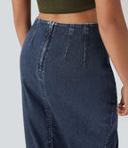Halara Flex™ Jupe en Jean midi délavé taille haute avec zip dos, effet drapé et ourlet tulipe
