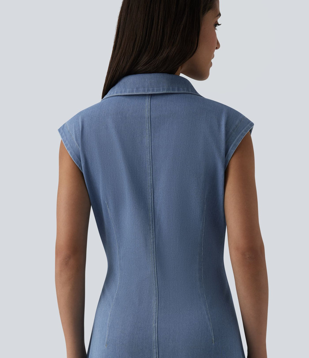 Halara Flex™ Robe décontractée en jean midi col V sans manches froncée avec boutonnière