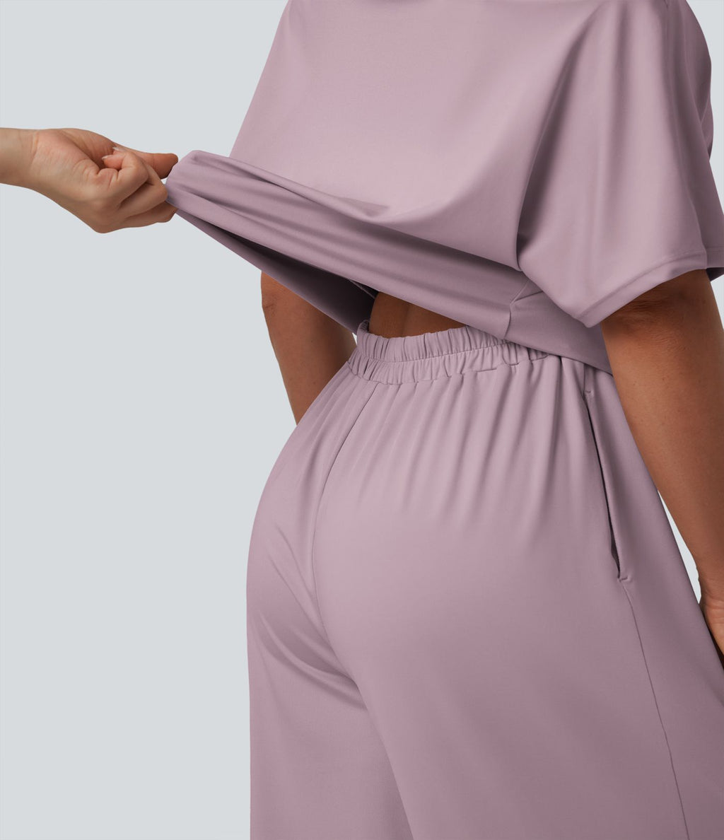 Combinaison casual asymétrique manches courtes avec poches et fente - Easy Peasy