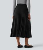 Jupe midi casual en maille plissée taille haute, coupe trapèze