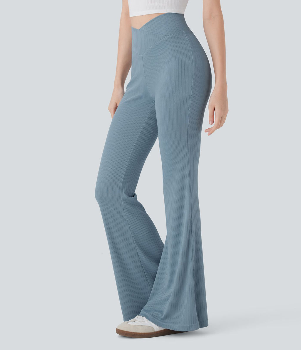 Pantalon large fluide côtelé à taille haute croisée avec poche arrière