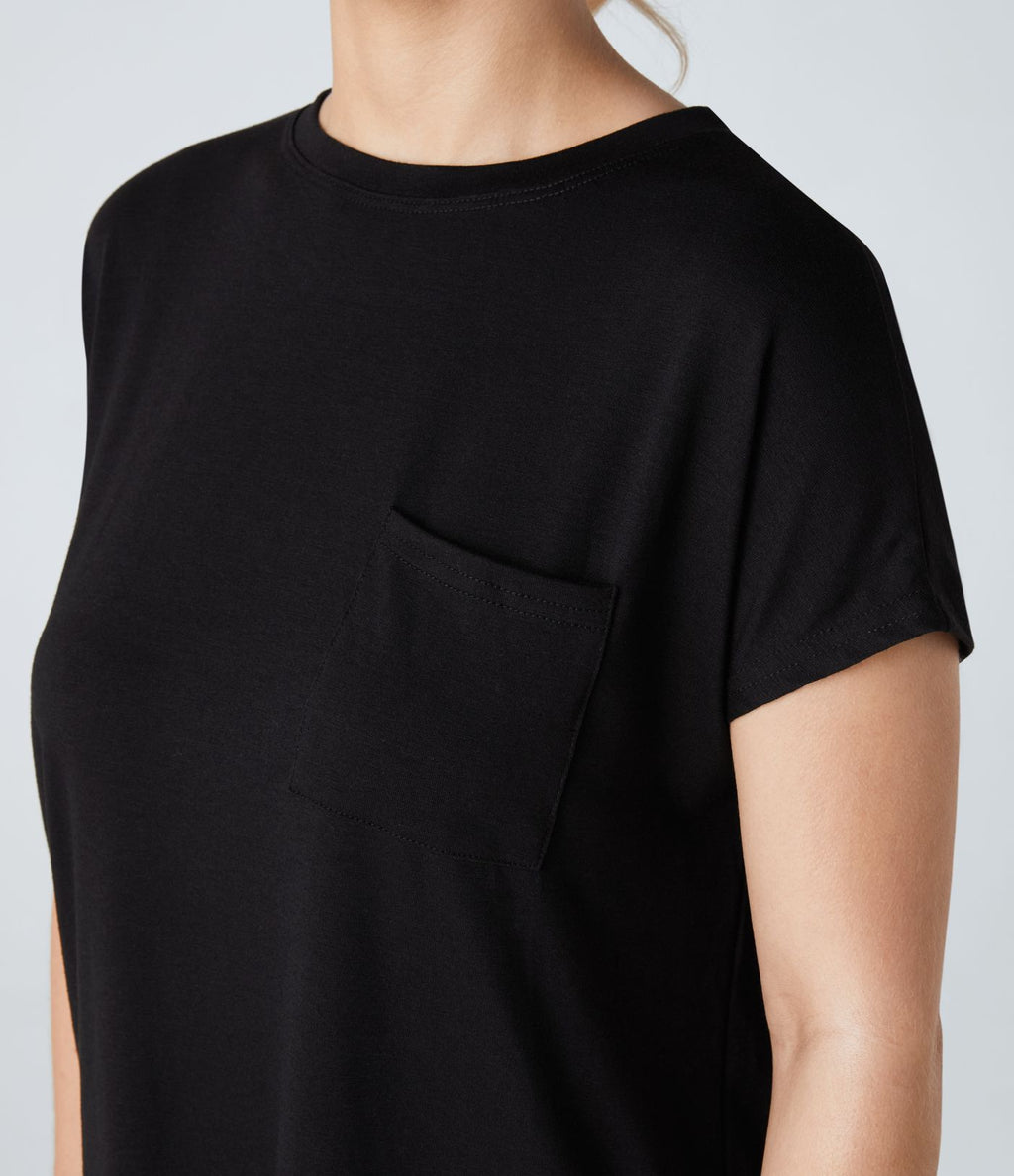 T-shirt Casual Relax à Col Rond Poche Poitrine Ourlet Fendu
