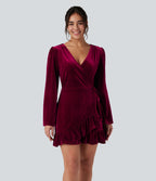Robe mini velours portefeuille col V volants manches longues