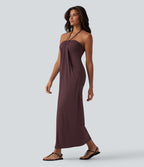 Robe longue dos nu col licou avec nœud et poches