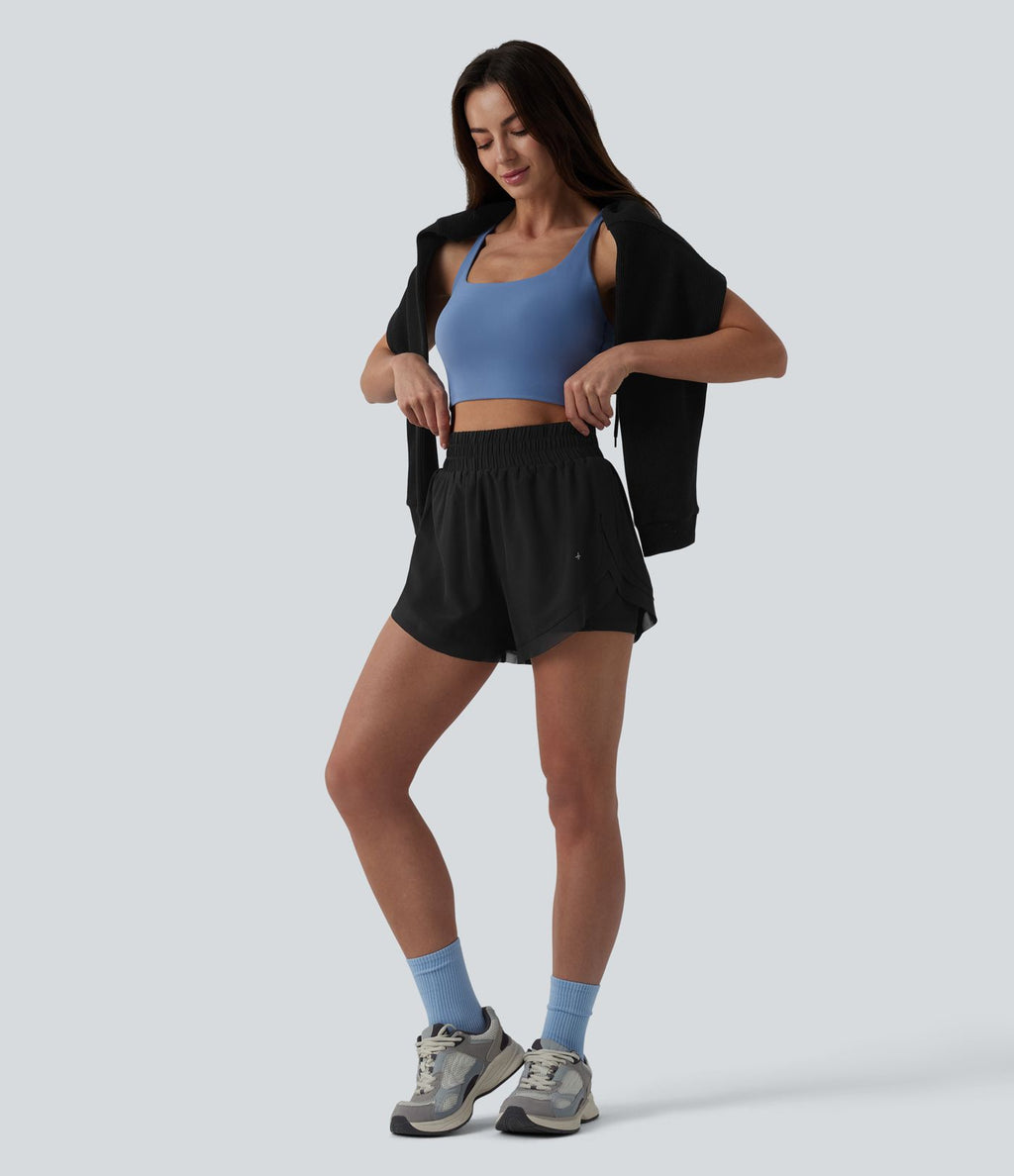 Short de running 2-en-1 taille haute mesh contrasté avec poches
