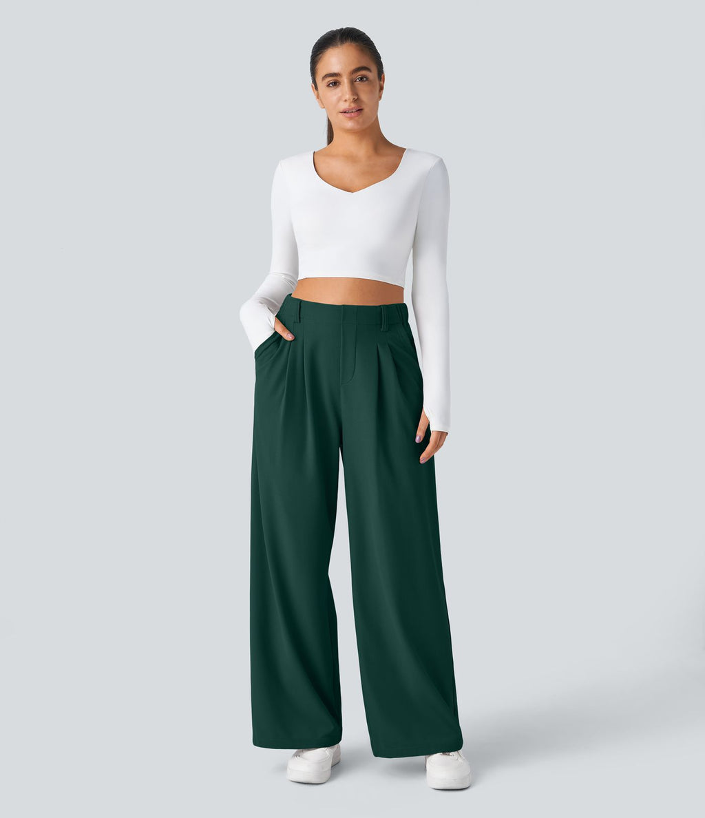 Pantalon Tailleur Large Fluide Halara Flex™ Gaufré Taille Haute Poches Latérales