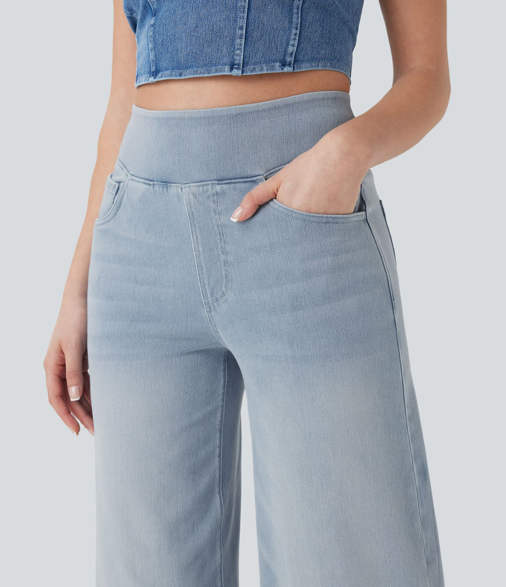 Halara Flex™ Jean Large Casual Taille Haute Poches Multiples Tricot Extensible Délavé