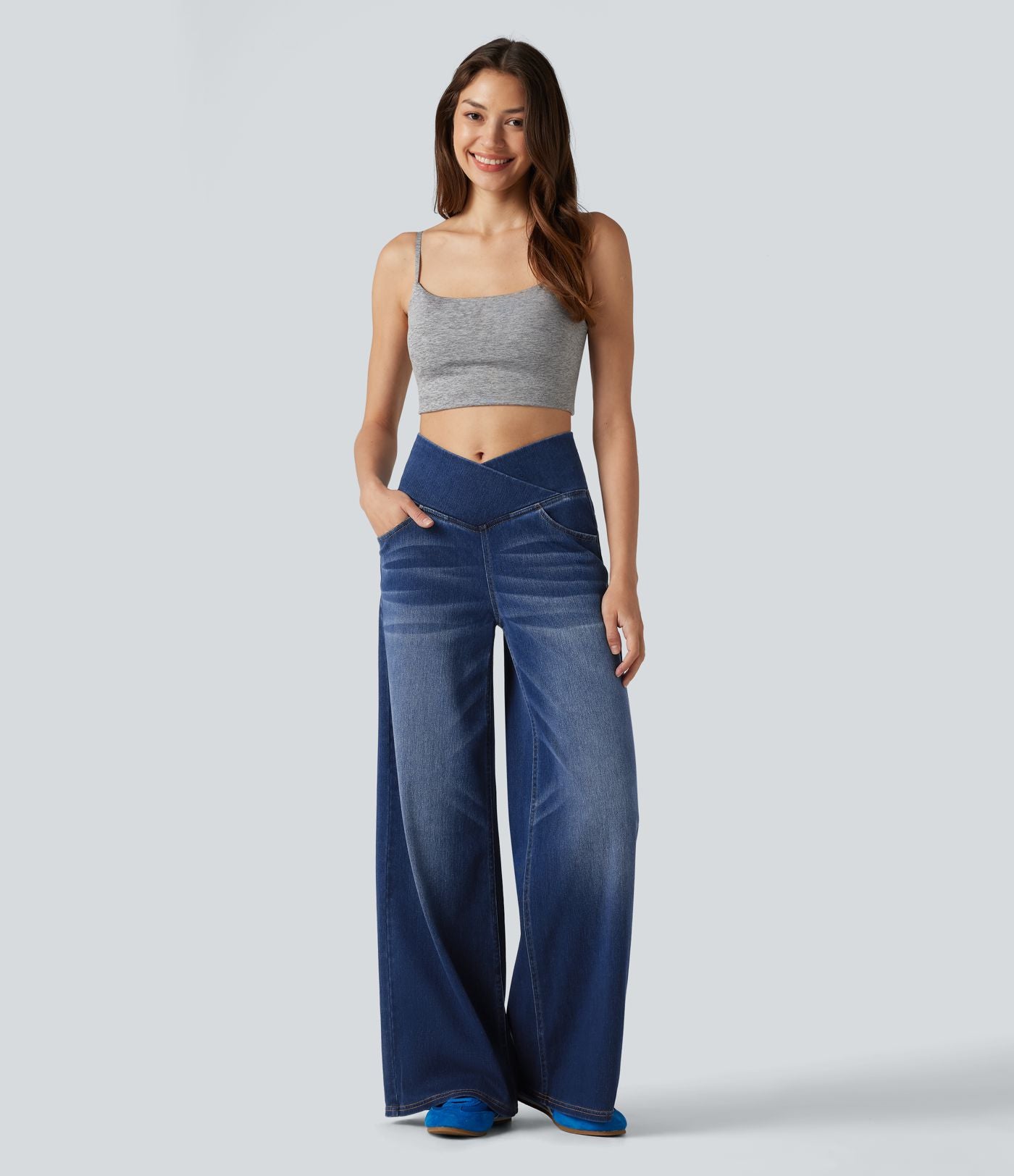 Halara Flex™ Jean large casual taille haute croisée ventre plat, avec poches