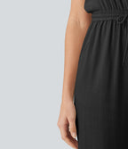 Combinaison casual col rond sans manches avec cordon de serrage, aspect lin et poches