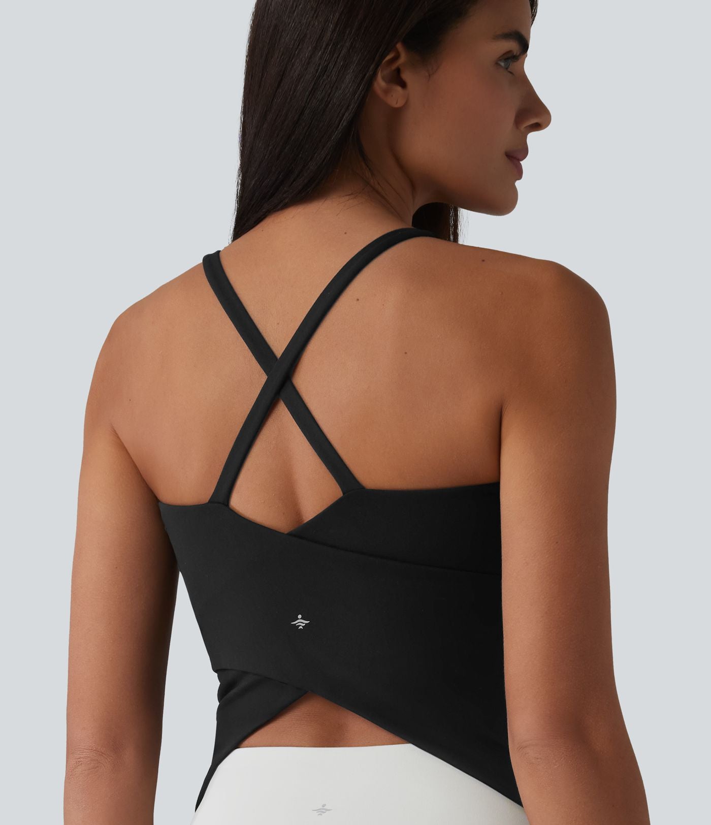 Caraco de yoga col rond échancré à dos croisé et ourlet croisé avec brassière intégrée — Bonnets E-G