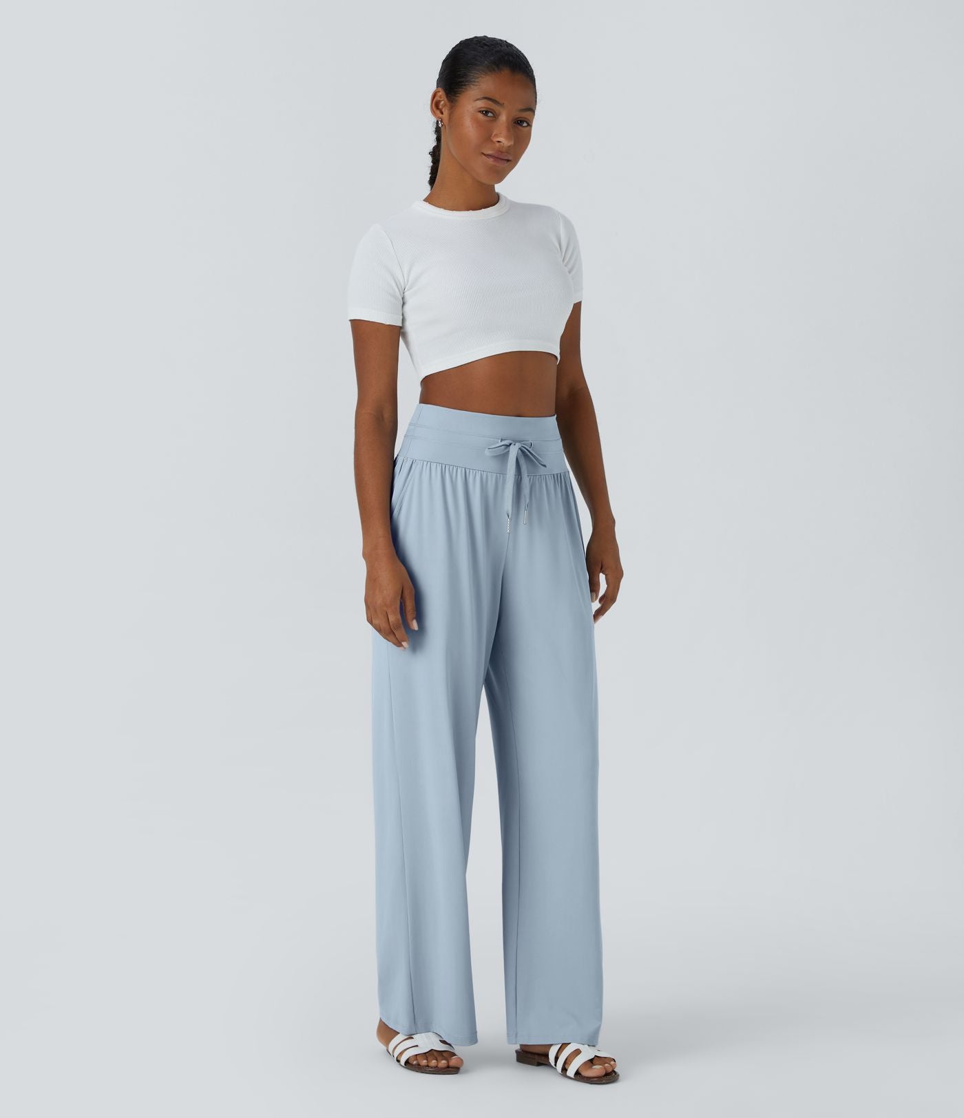 Pantalon large décontracté taille haute cordon de serrage poches latérales effet frais InstantCool