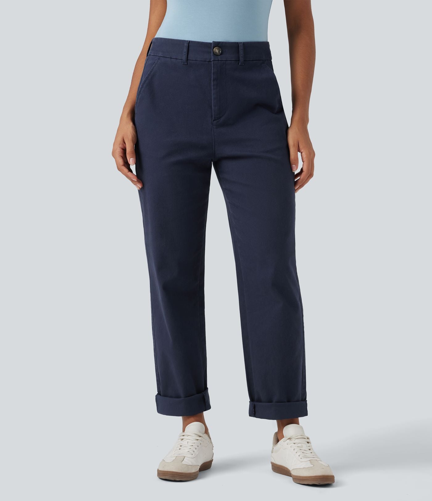 Pantalon coton fuselé taille mi-haute avec poches