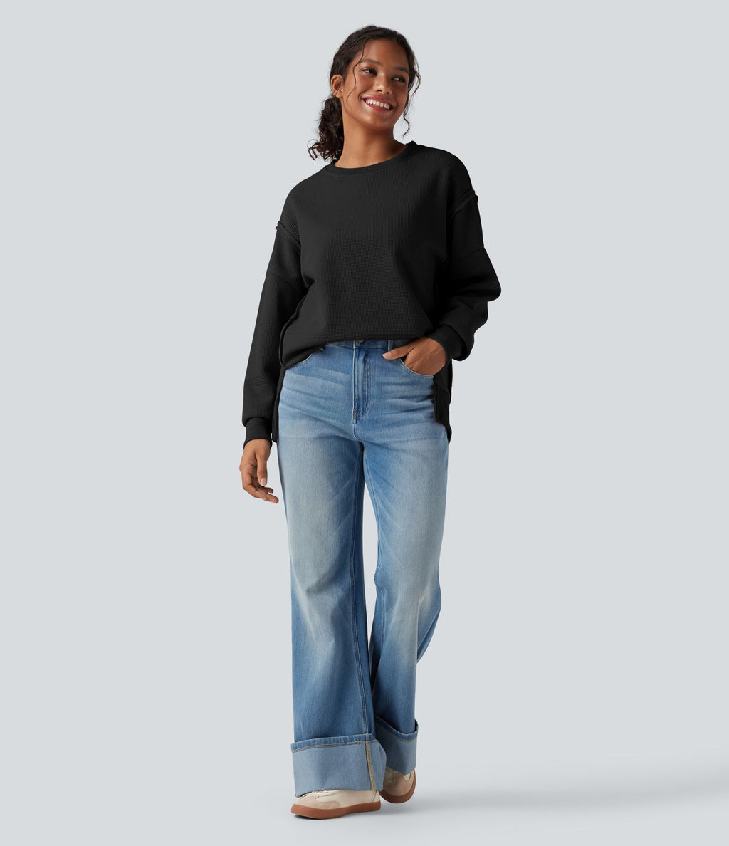 Sweat-shirt gaufré col rond ourlet fendu manches longues