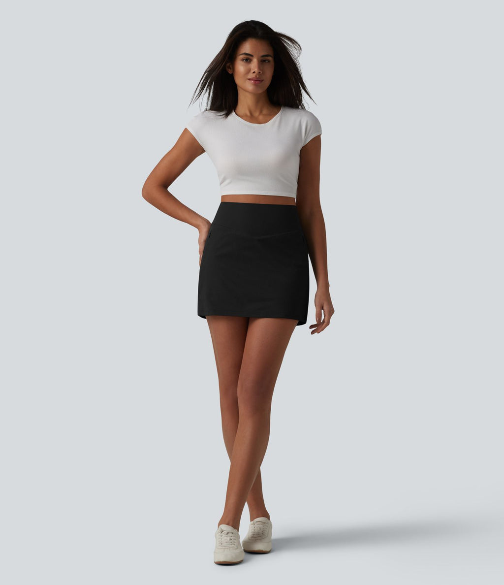 Jupe mini casual 2-en-1 trapèze taille haute en popeline extensible avec poches