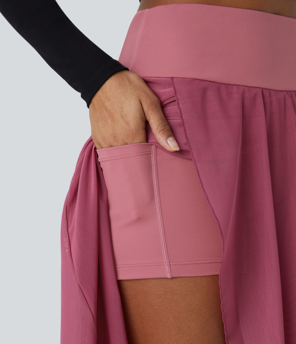Jupe Longue Fluide Taille Haute à Volants 2 en 1 Poche Latérale Évasée en Mesh Casual Quotidien
