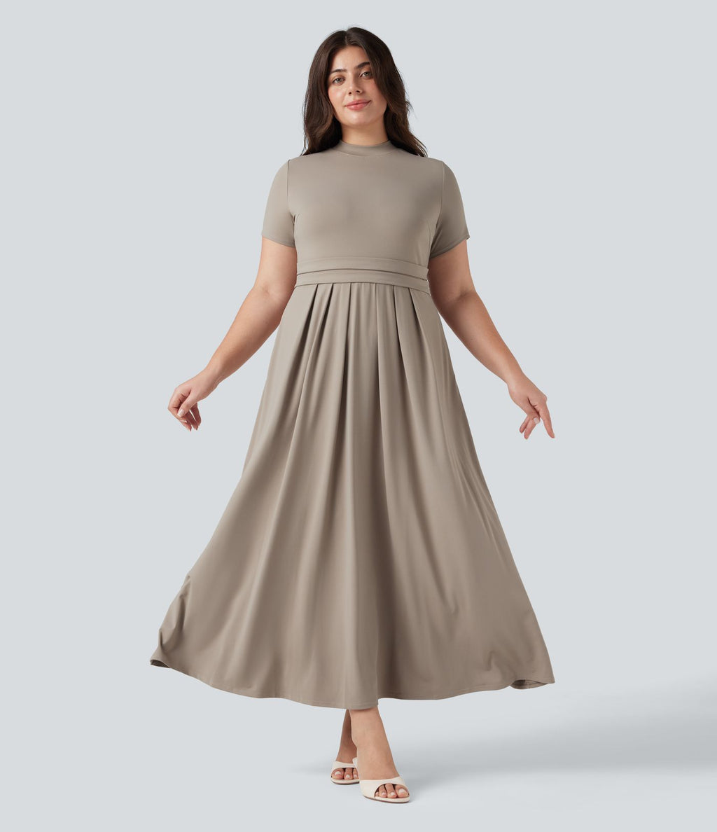Robe longue évasée décontractée grande taille col officier manches courtes avec poches