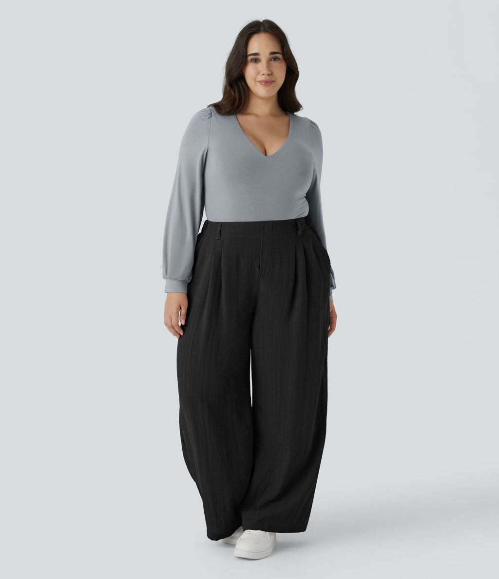 Pantalon décontracté palazzo large effet lin, taille haute, grande taille, avec poches