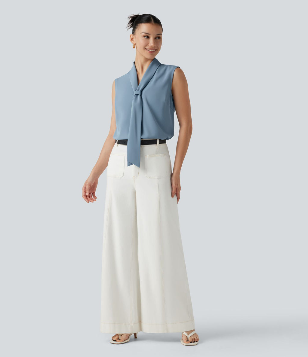 Blouse  sans manches esprit bureau défroissage facile, col V et lien à nouer