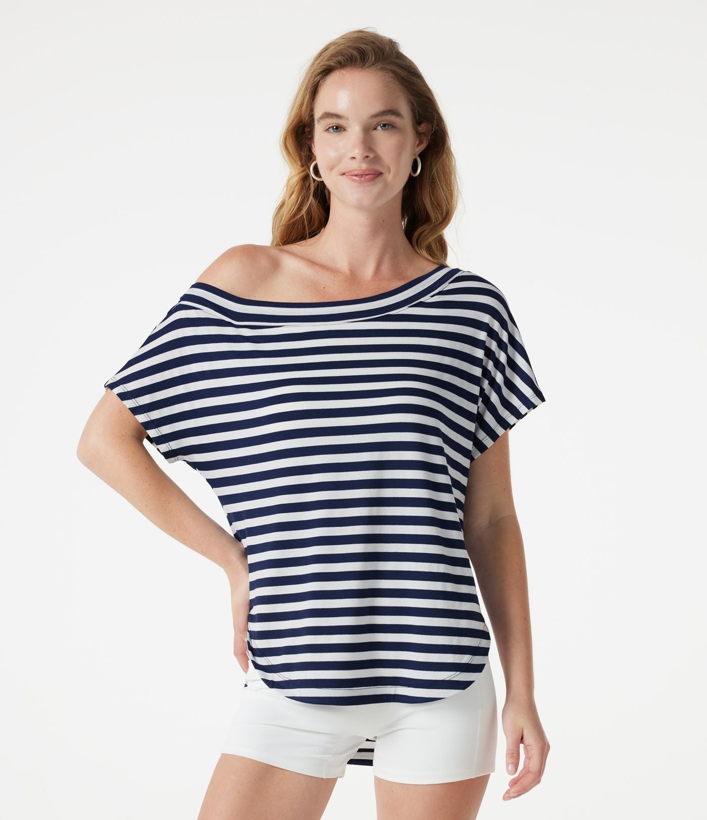 Top casual asymétrique épaule dénudée à rayures, manches courtes, ourlet incurvé et brassière intégrée