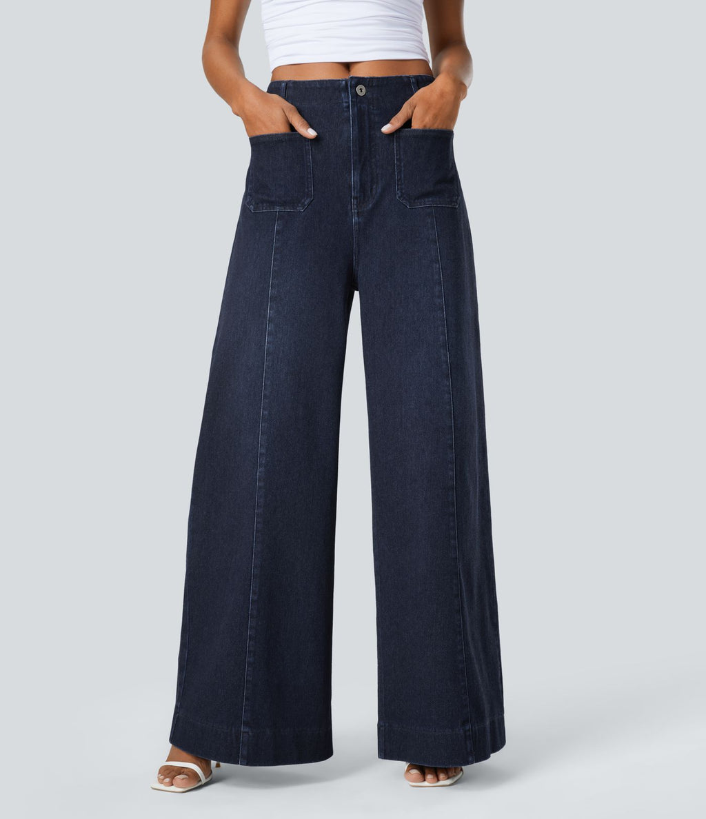 Halara Flex™ Jean large Palazzo et Taille Haute avec Poches Avant en Tricot Extensible Lavé