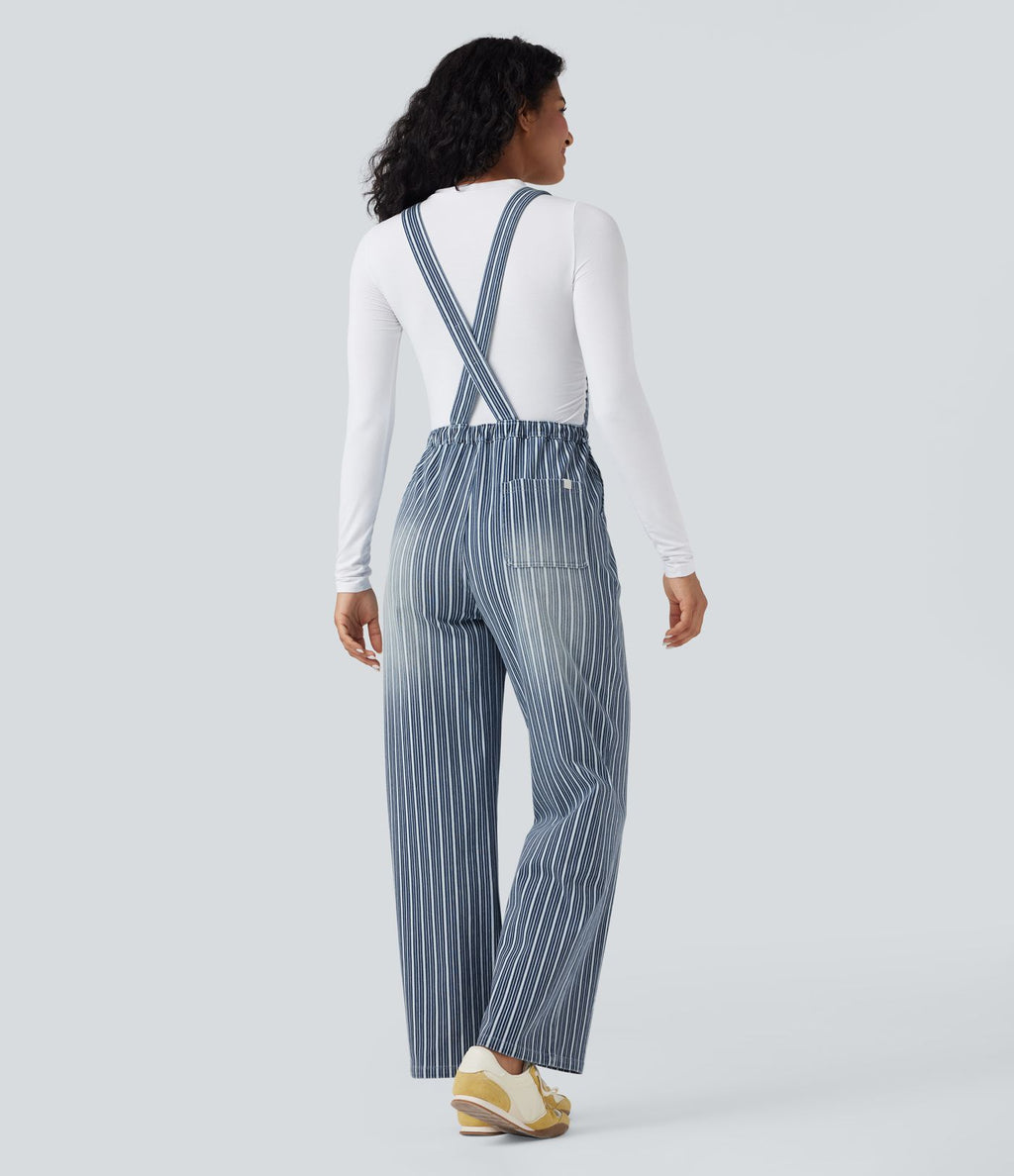 Salopette en denim décontractée droite à rayures Halara Flex™ avec cordon et poches