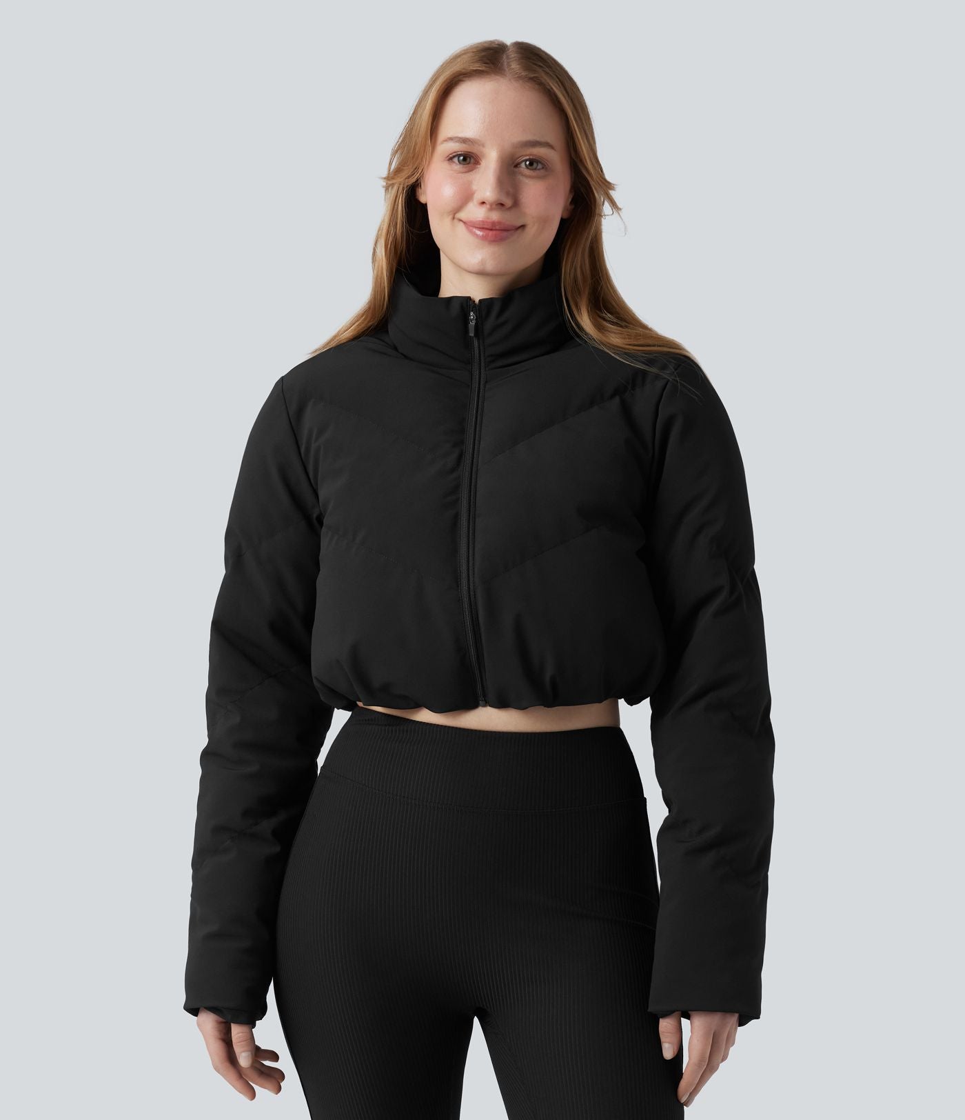PuffFlex Manteau doudoune 3-en-1 court casual à col montant et veste à ourlet arrondi avec passants pouces et poche