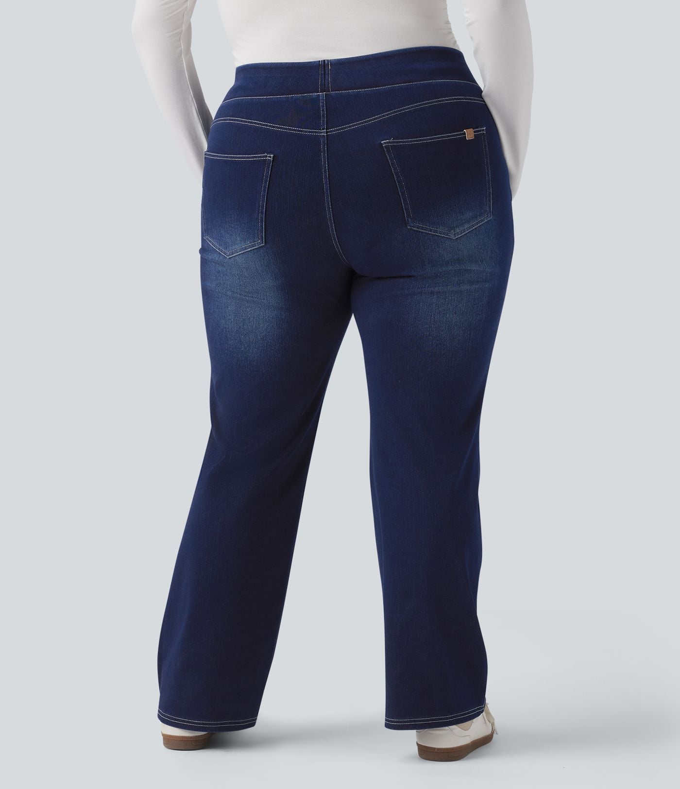 Jean décontracté Halara Flex™ grande taille bootcut taille haute en maille extensible délavée avec multiples poches