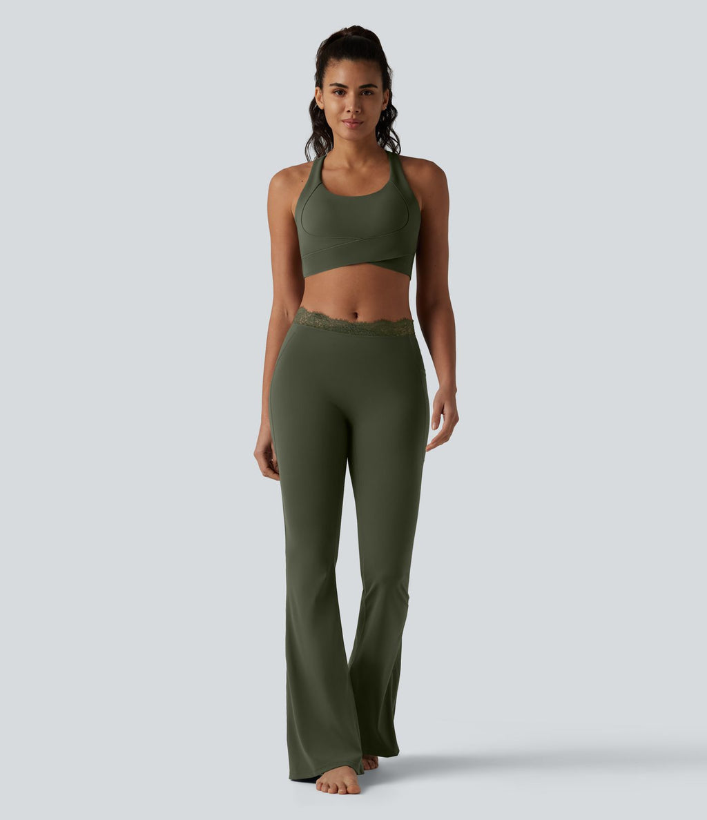 Halara UltraSculpt™ Legging évasé de yoga taille haute en V avec dentelle contrastée et poches