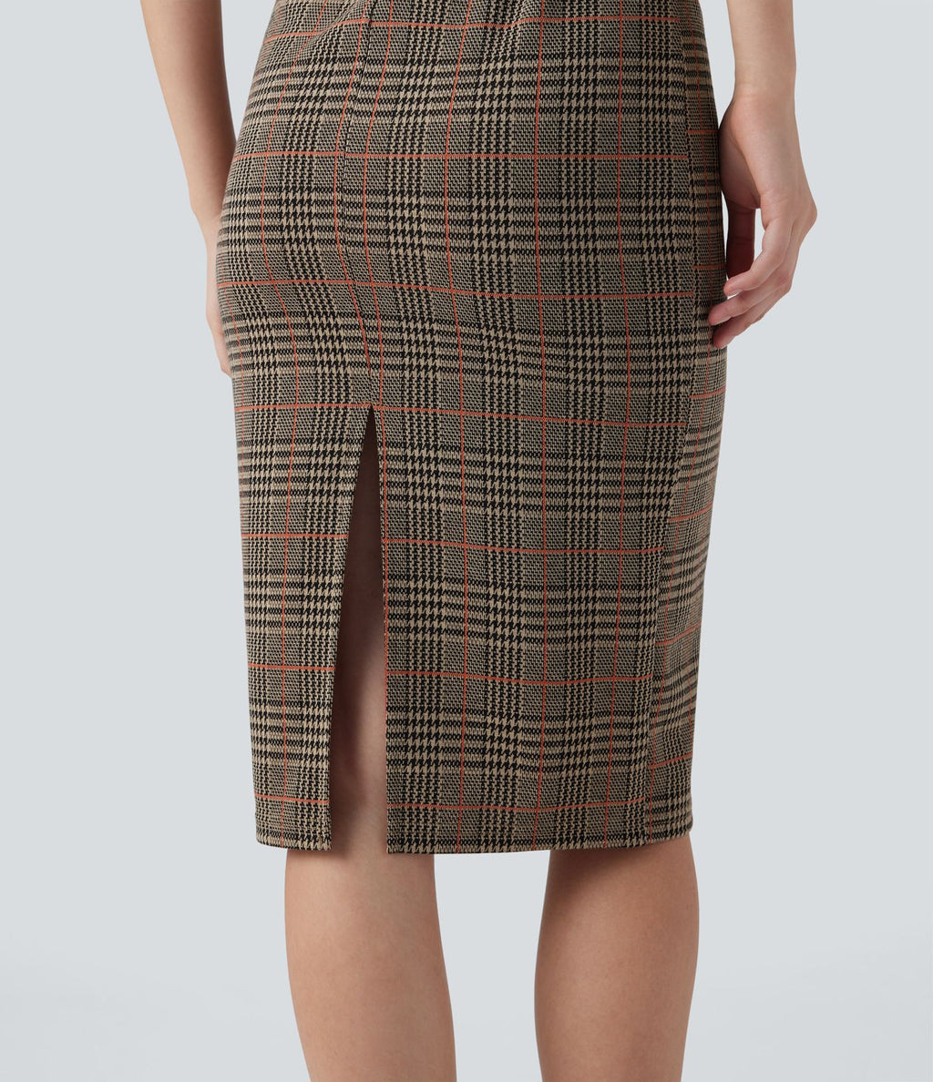 Robe de travail midi moulante sans manches col montant pied-de-poule à carreaux