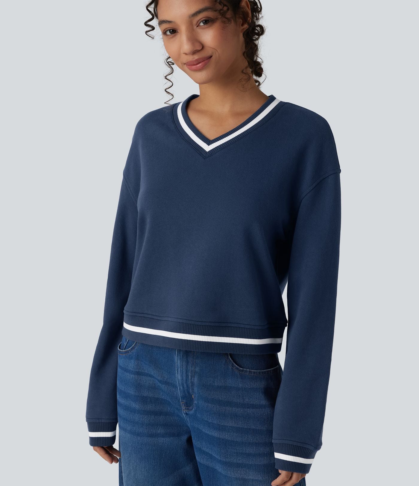 Sweat casual col V manches longues color block en coton