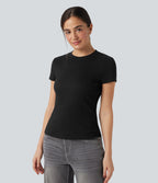 T-shirt décontracté ajusté maille côtelée col rond manches courtes