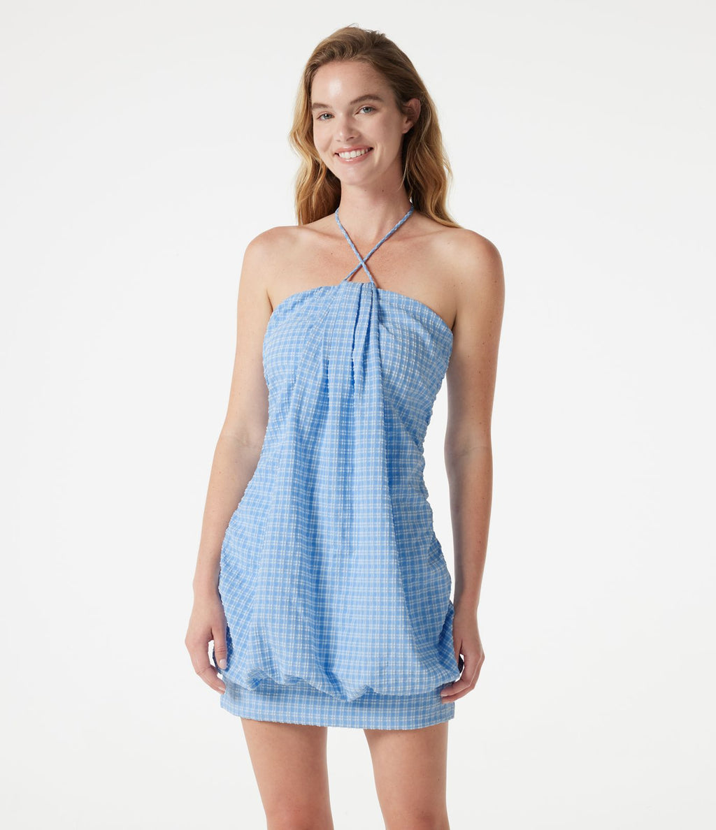 Robe micro-mini de plage moulante à carreaux vichy col halter avec brassière intégrée et lien noué au dos