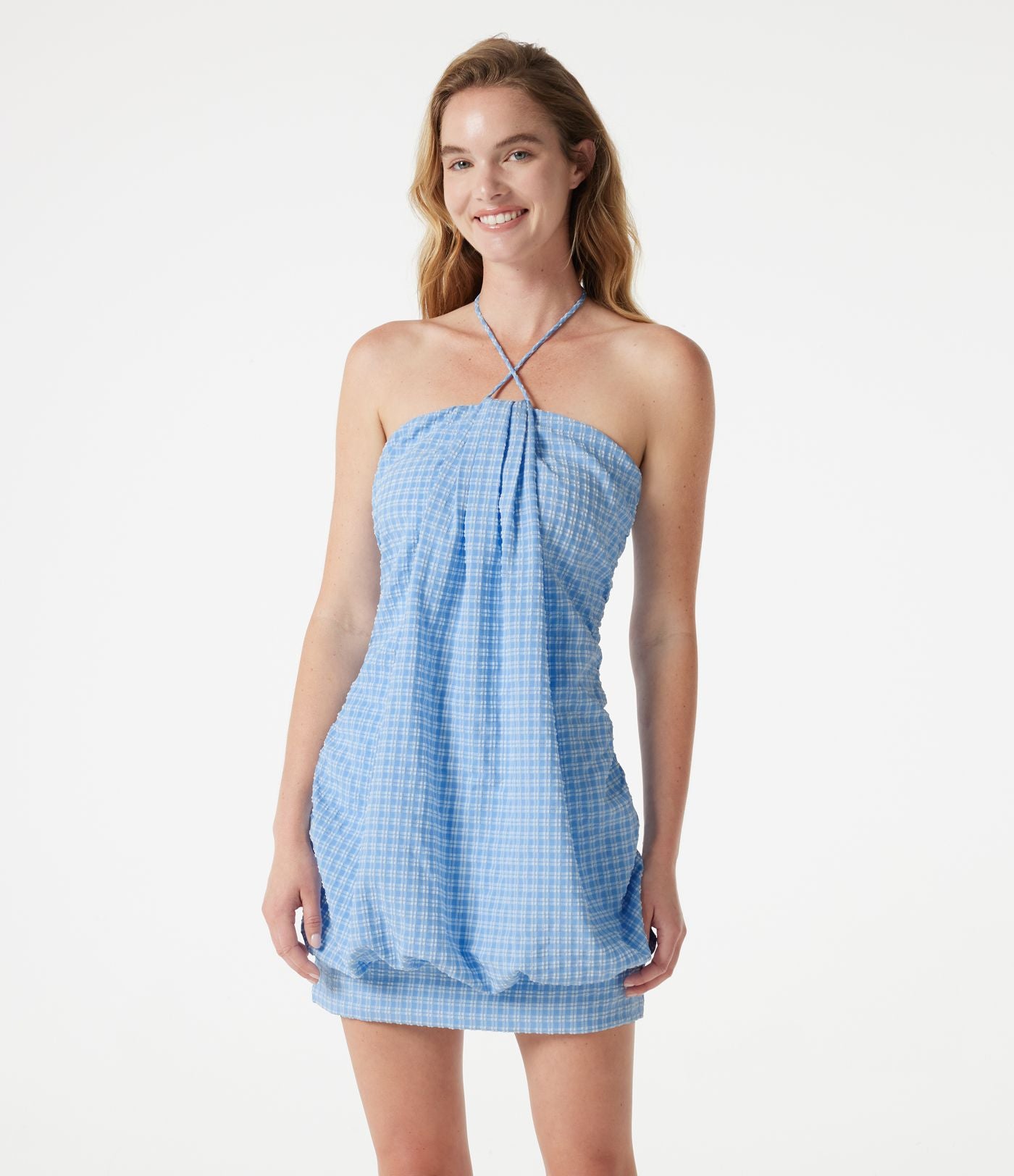 Robe micro-mini de plage moulante à carreaux vichy col halter avec brassière intégrée et lien noué au dos