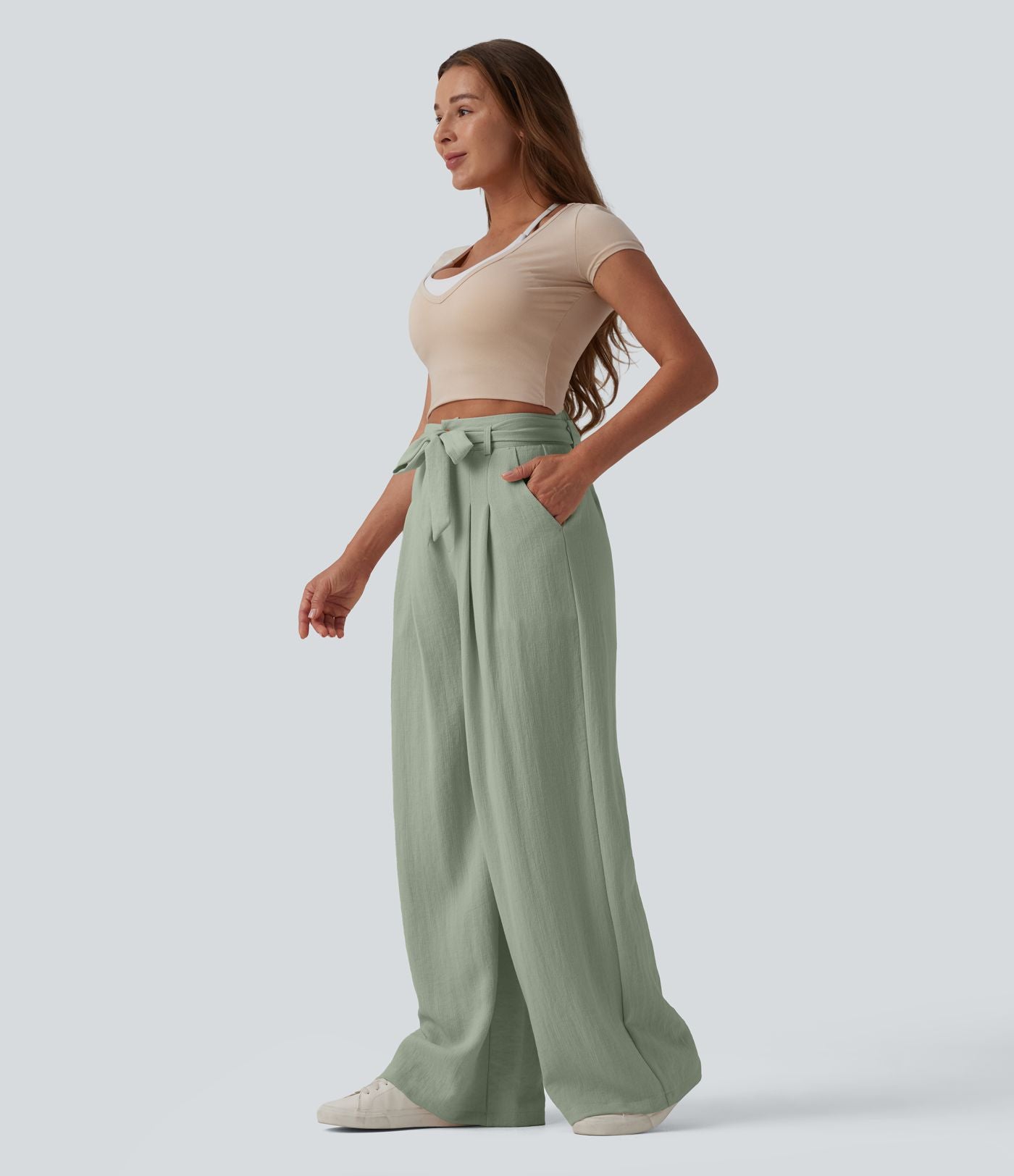 Pantalon casual ample taille haute aspect lin avec ceinture et poches
