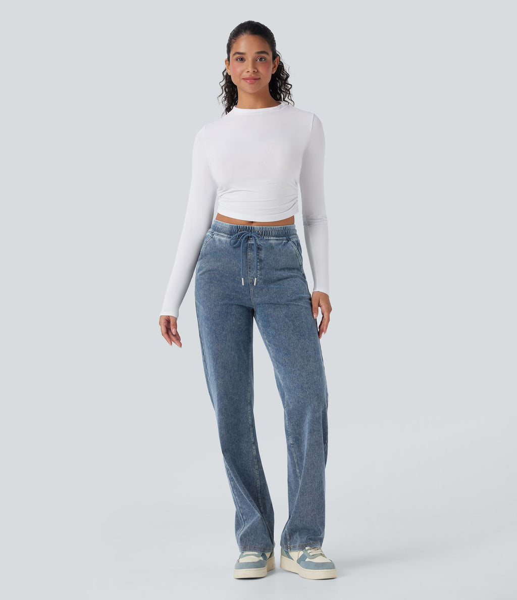 Pantalon décontracté droit taille mi-haute avec cordon et poches