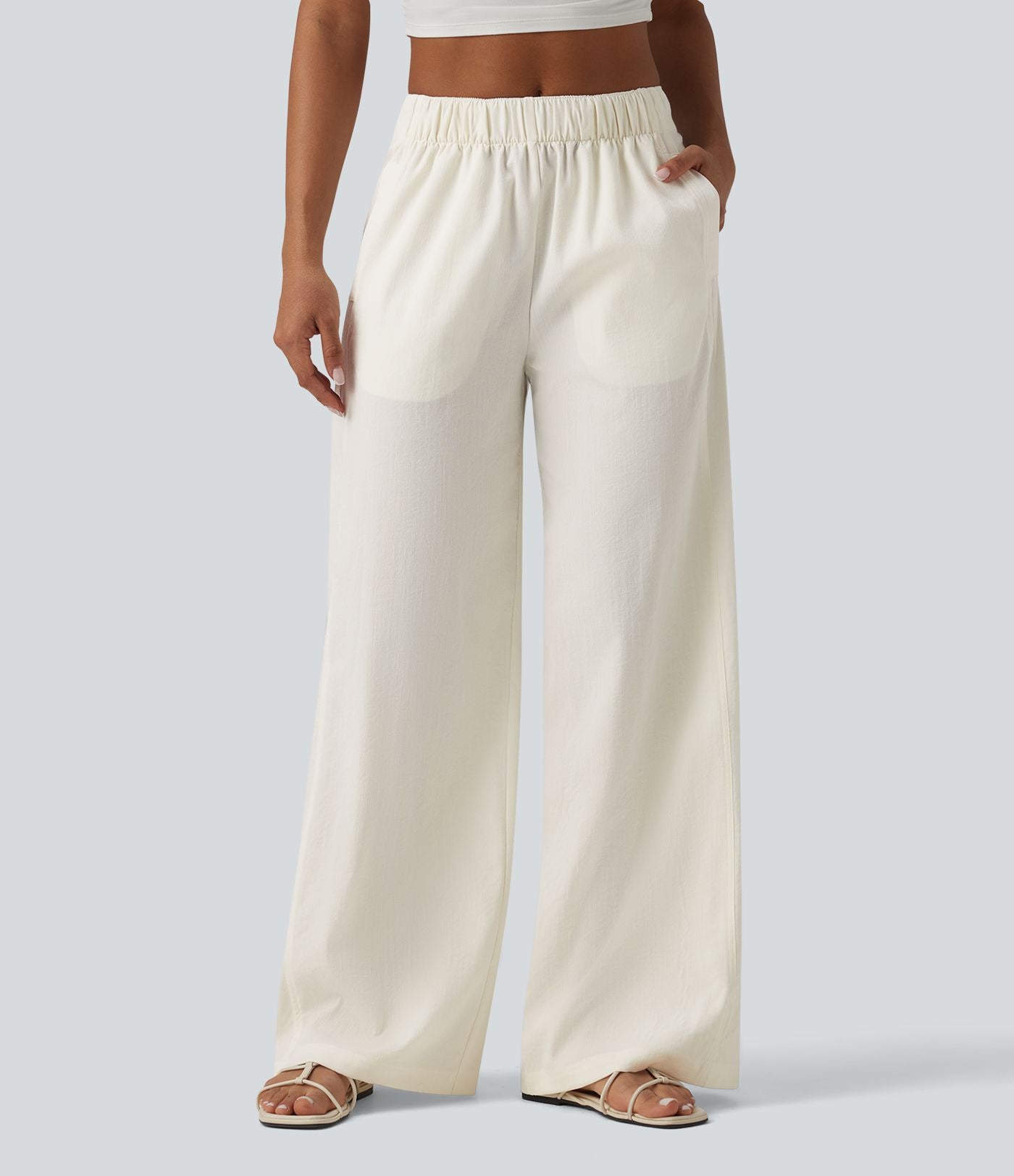 Pantalon casual ample aspect lin taille mi-haute avec poches