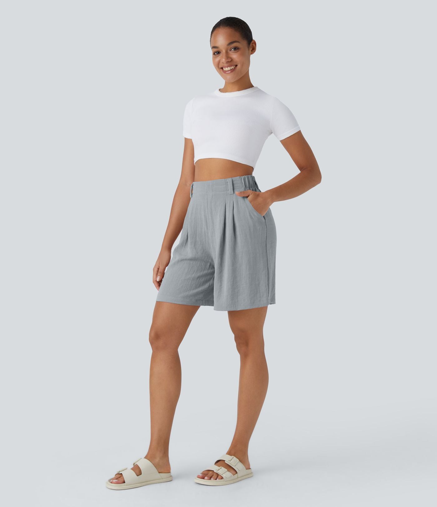 Bermuda Large Fluide Taille Haute avec Plis et Poches Latérales en Lin Synthétique