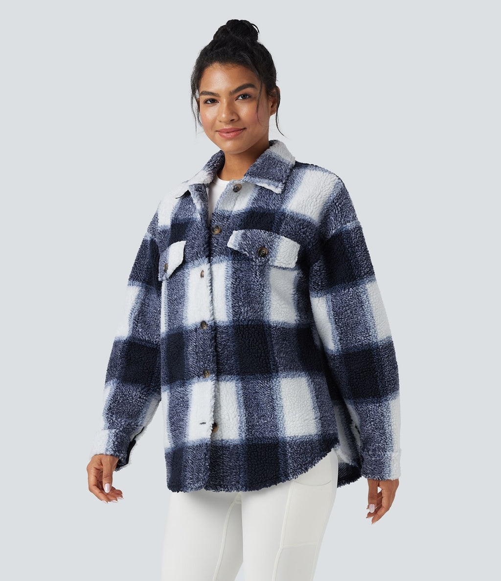 Veste-chemise sherpa col ourlet arrondi manches longues avec poches