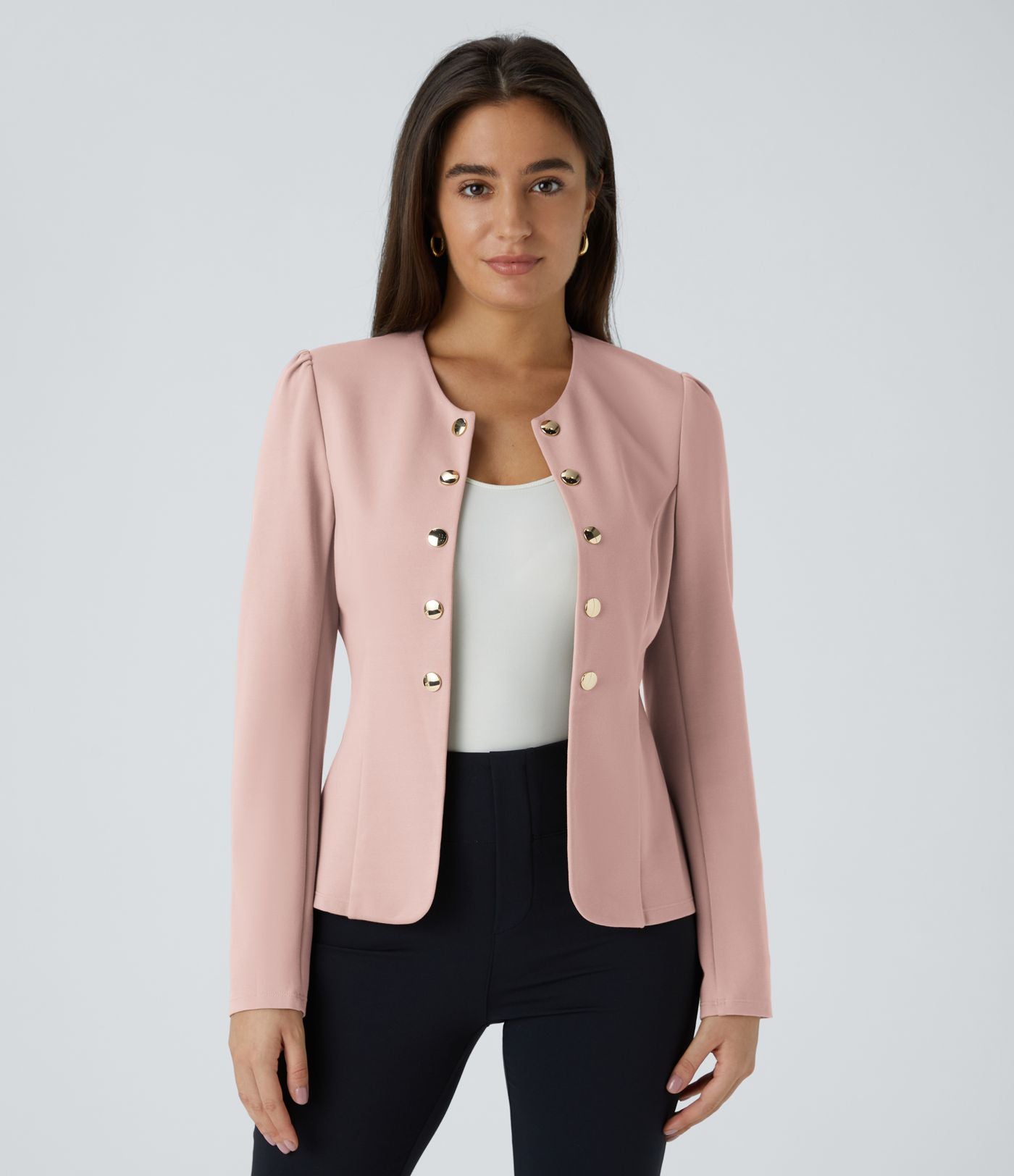 Blazer tailleur ajusté à col rond, manches longues avec boutons décoratifs