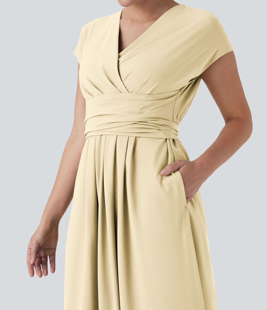 Robe midi Breezeful™ col V manches courtes à liens dans le dos séchage rapide avec poches latérales