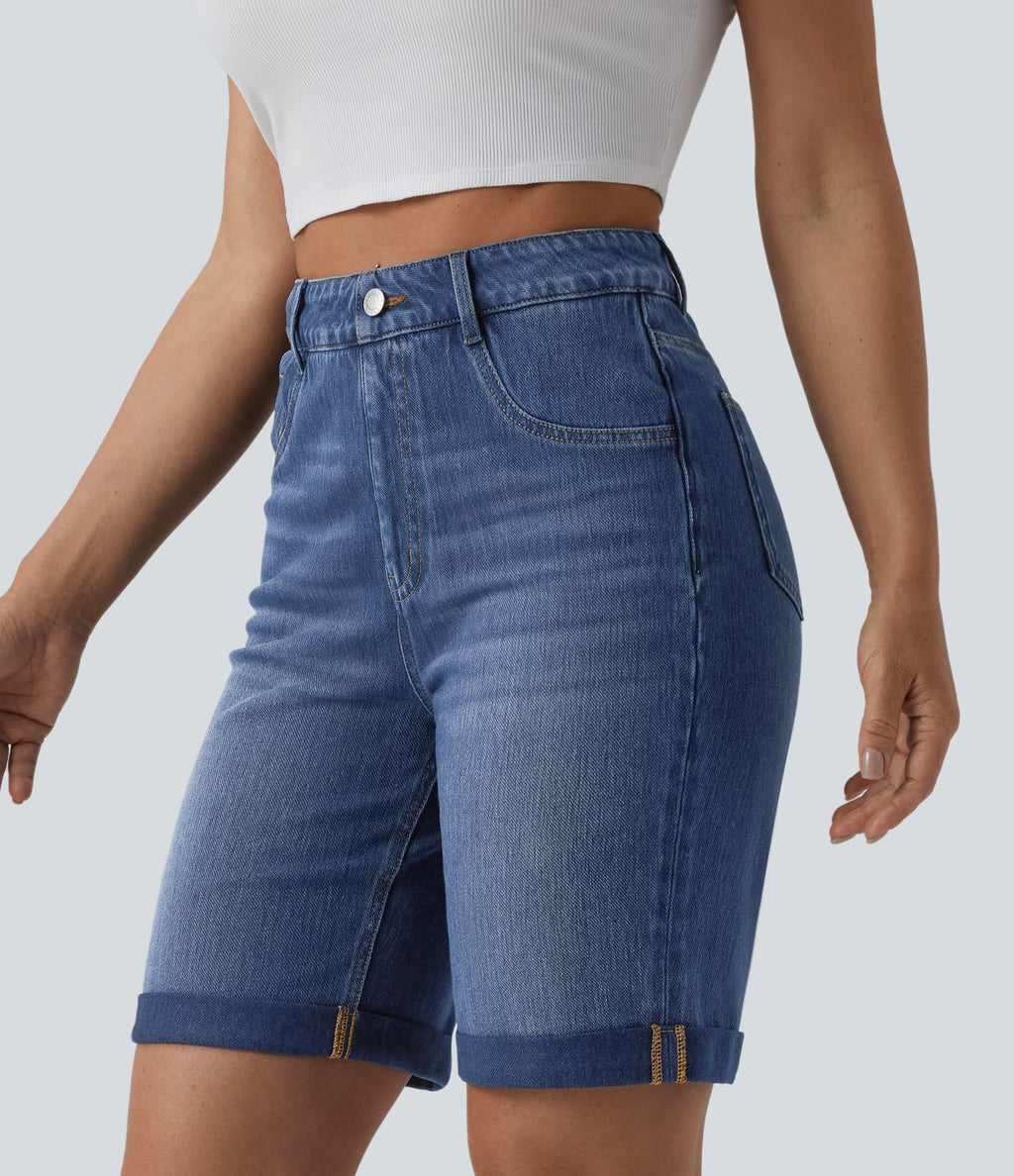 Short en jean Halara Flex™ taille haute gainant délavé à ourlet roulotté décontracté avec poches