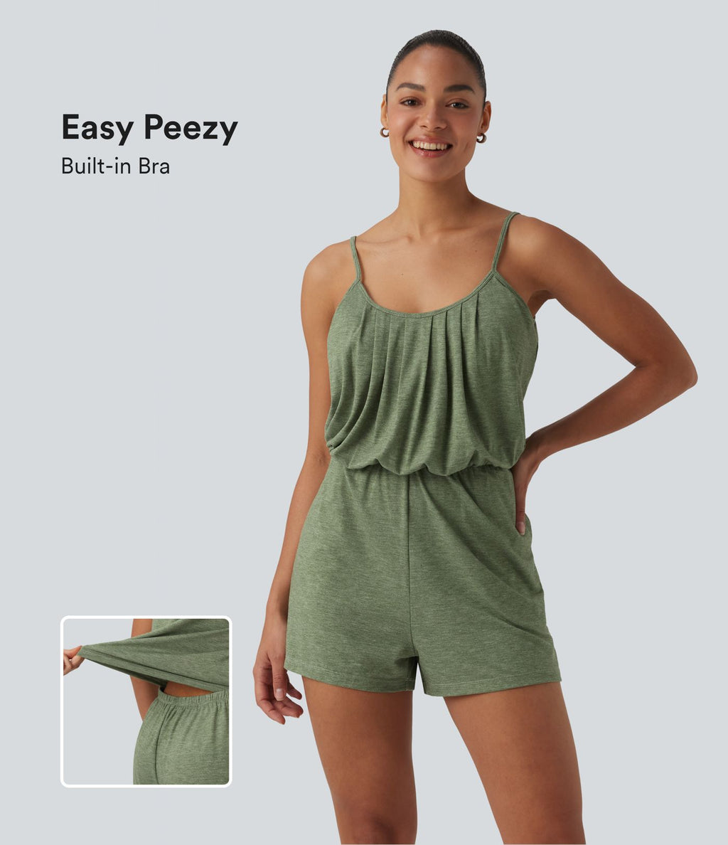 Combishort décontractée col U bretelles ajustables plissée avec brassière intégrée et poches - Easy Peasy